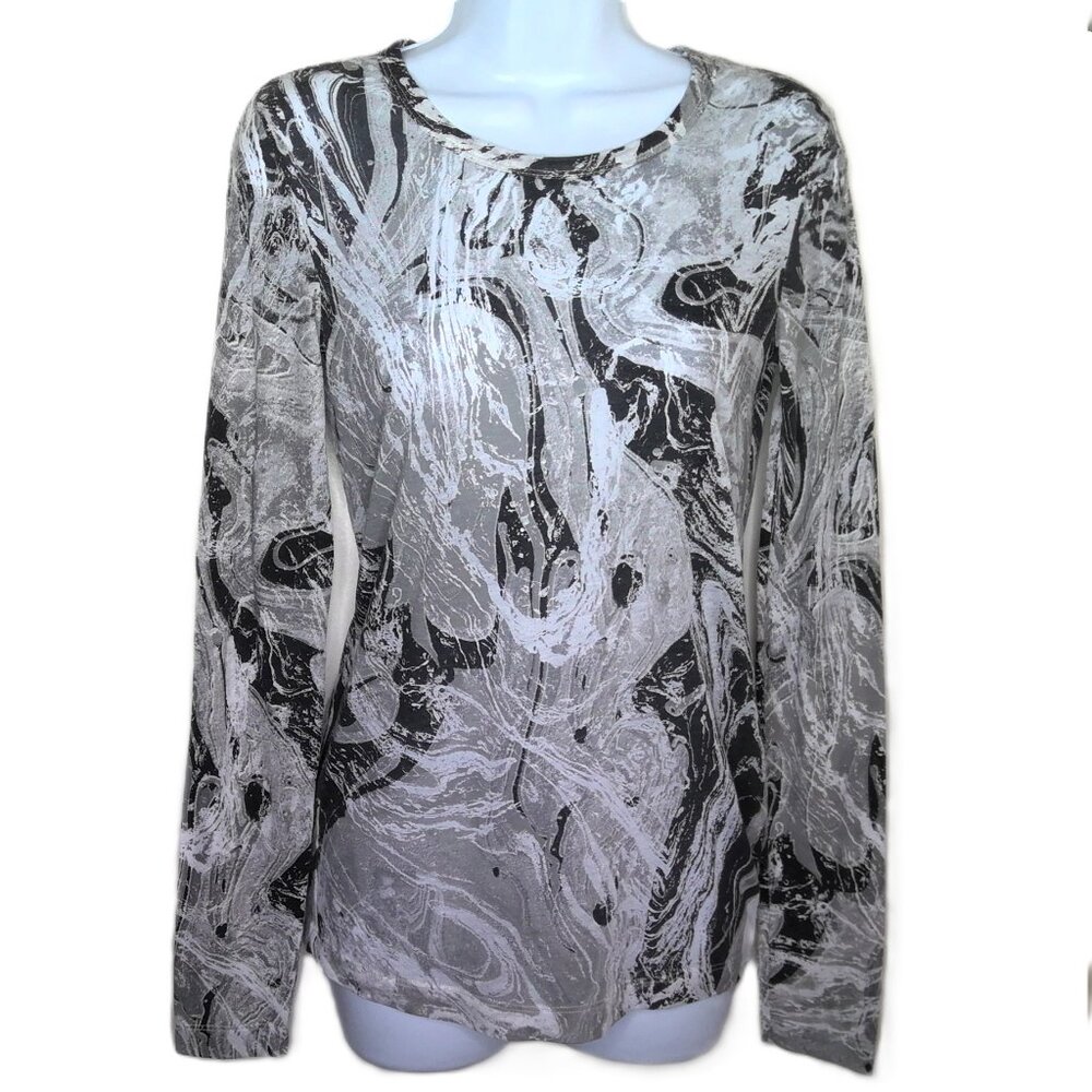 BCBGMAXAZRIA Top Tissue Tee Long Sleeve Semi Sheer Stretch Black Gray White XS